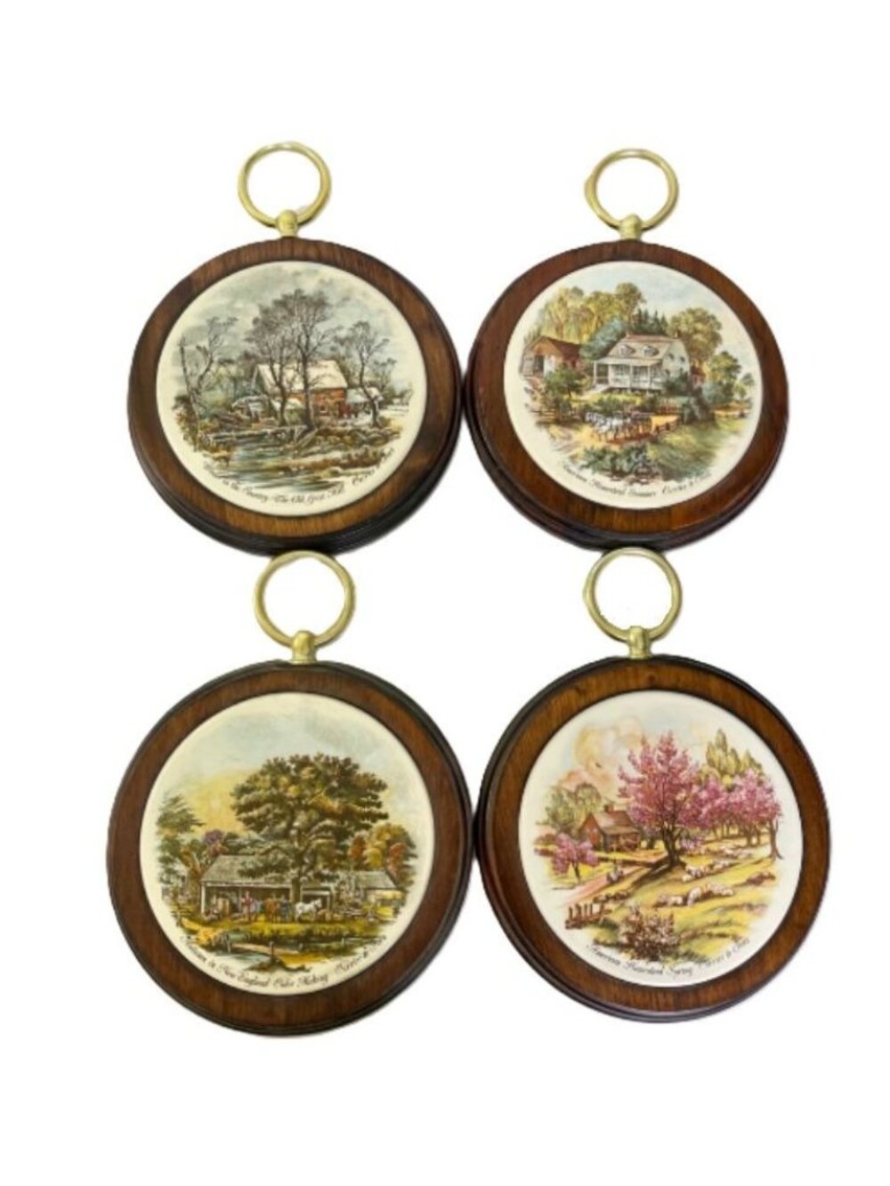 Vintage Currier and Ives American Homestead Wall Plaques Ceramic Wood 10" x 7.5"